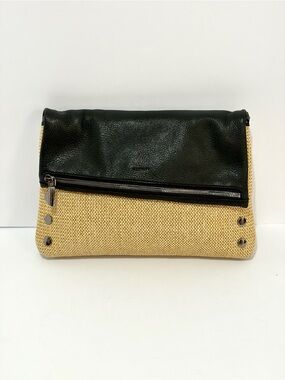HAMMITT VIP Large Crossbody Bag In Black Leather And Chaparral Raffia/Gunmetal